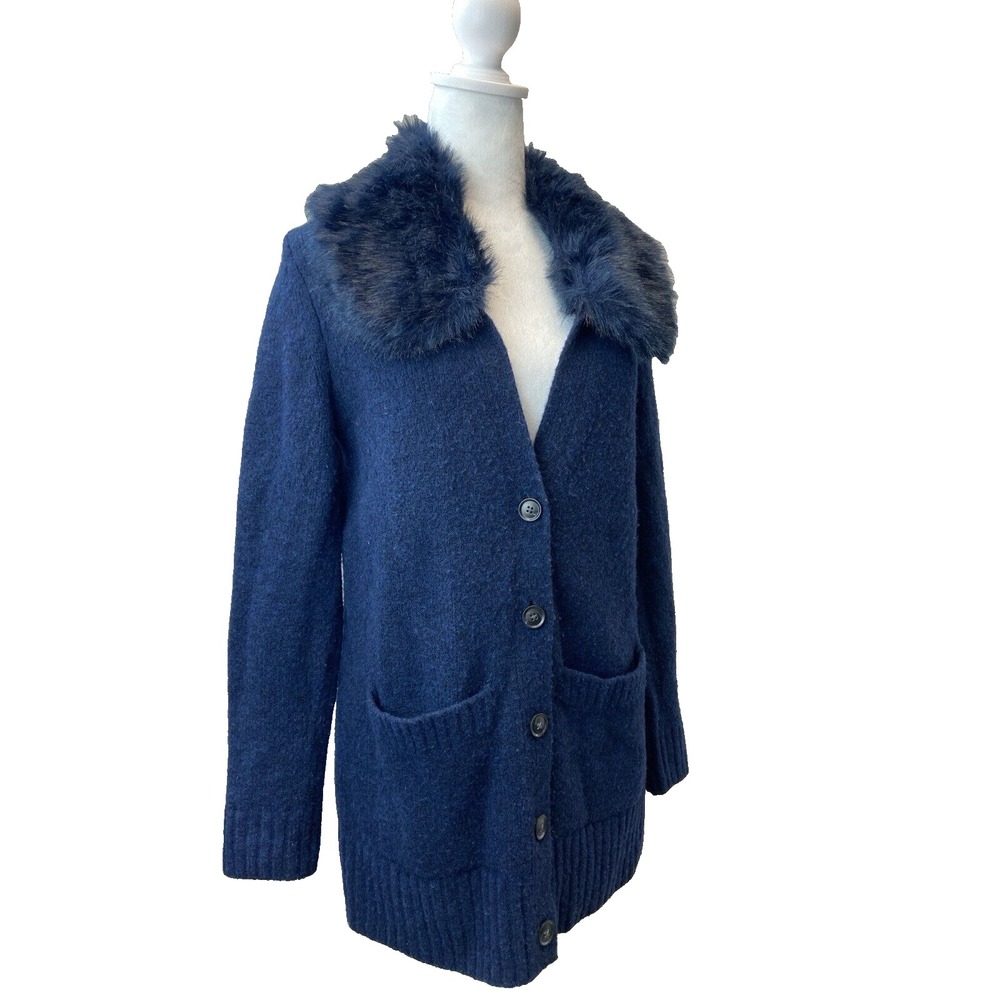Banana Republic Sweater Coat Womens XS Navy Blue Wool Blend Faux Fur Collar Butt